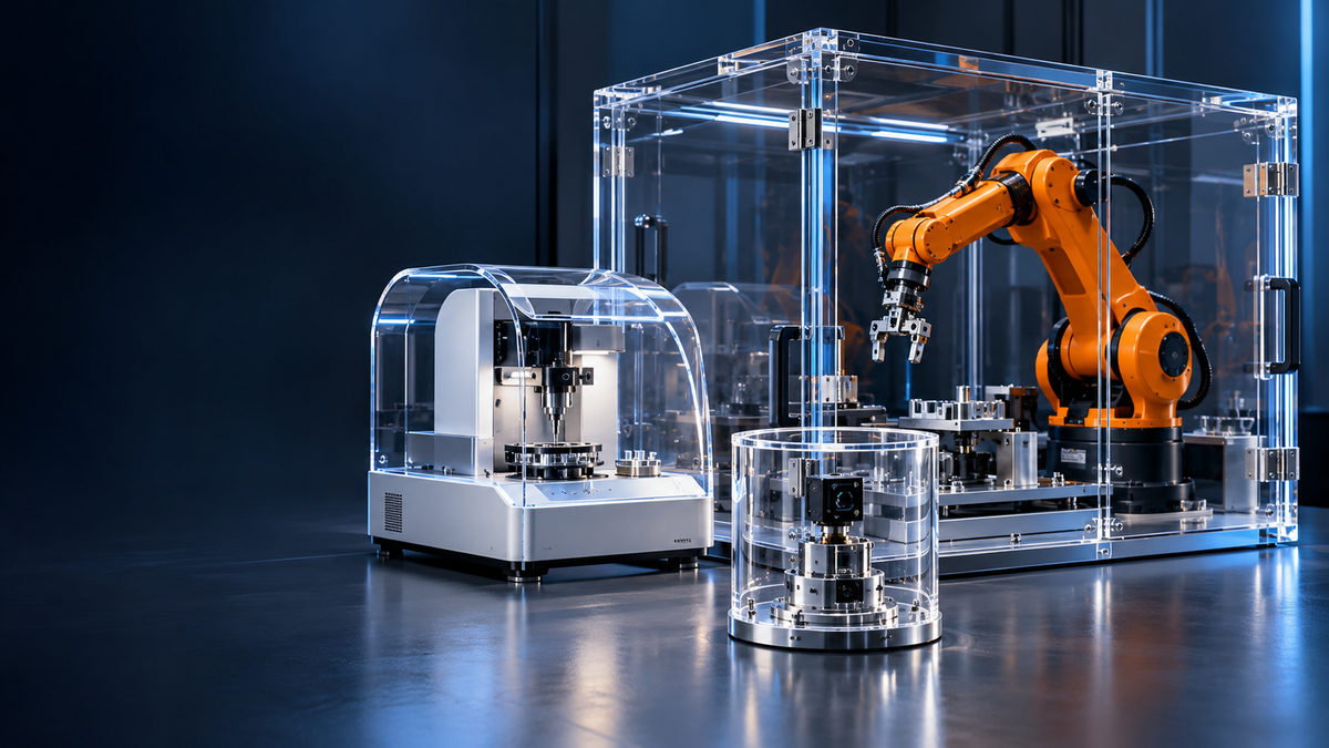 AI-generated design concepts: custom clear acrylic robot enclosure, laboratory equipment housing and sensor cover